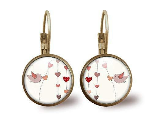 Boucles d'oreilles Cabochon, Boucles d'oreilles oiseaux illustrés, 