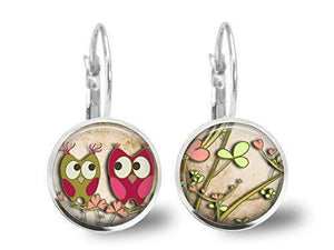 Boucles d'oreilles cabochon hibou "le hibou rose", argenté (ref.80a)