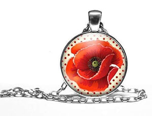 Collier cabochon, collier illustré "joli coquelicot"   argenté (ref.89a)