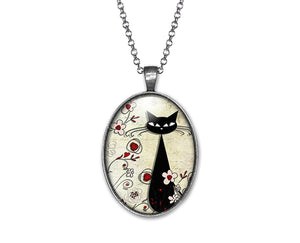 Collier Chat Cabochon "Le Chat parmi les Fleurs" argenté  (ref.33a)