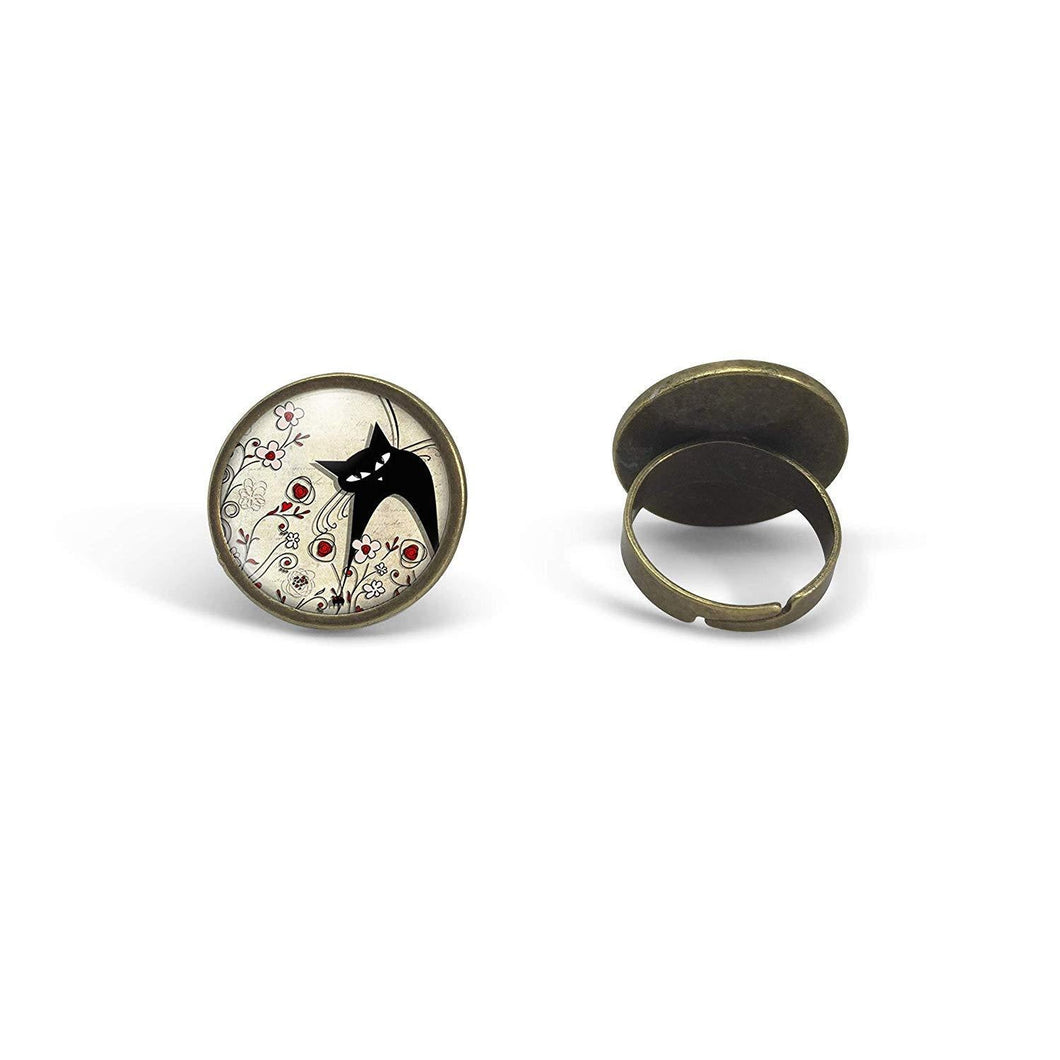 Bague Cabochon - Chat, Fleur 