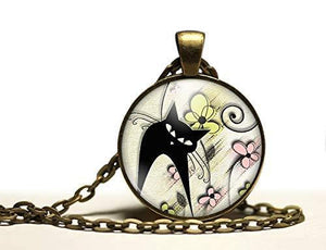 Collier cabochon, collier illustré "Le chat du printemps",   bronze (ref.71-2)