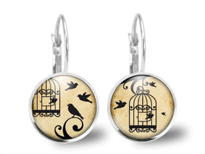 Boucles d'oreilles Cabochon, Oiseau, Cage "ouvrir la Cage"   argenté  (ref.42a)