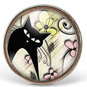 Bague cabochon, bague illustrée "Le Chat printanier", argenté (ref.71-2a)