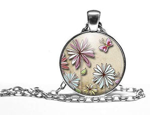 Collier cabochon, collier petite fille illustré, "fleurs pastel", antiquité