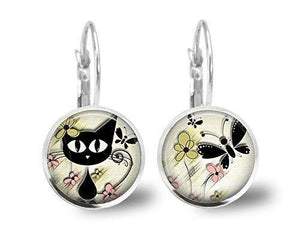 Boucles d'oreilles Cabochon "Le Chat du Printemps", argenté(ref.71a)