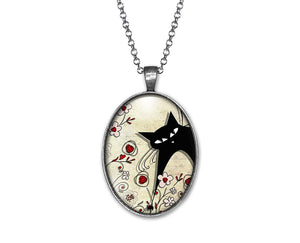 Collier Chat Cabochon, Fleur "Le Chat Paysan" argenté  (ref.32)