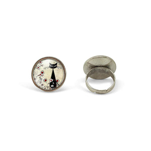 Bague Cabochon - Chat "Le Chat parmi les Fleurs" -  argenté (ref.33a)