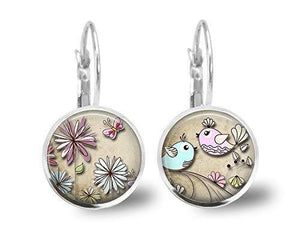 Boucles d'oreilles cabochon, boucles d'oreilles illustrées de  filles, "fleurs pastel", (ref.82a)