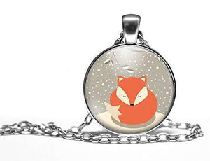 Collier cabochon, collier "renard" illustré, argenté (ref.96a)