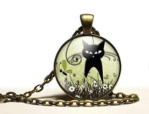 Collier Cabochon, Collier illustré "Le chat dans la prairie",   bronze (ref.70-3)