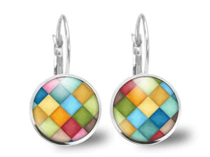 Boucles d'oreilles Cabochon Diamant "arlequin" argenté (ref.5a)