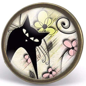 Bague Cabochon, Bague Illustrée "Le Chat printanier", bronze (ref.71-2)