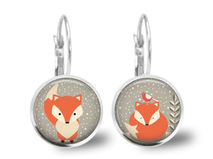 Boucles d'oreilles Cabochon, Boucles d'oreilles illustrées "Renard",  argenté  (ref.96a)