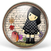 Charger l&#39;image dans la galerie, Bague Cabochon, Fille, Oiseau, &quot;La petite fille et l&#39;oiseau&quot; , argenté (ref.34a)