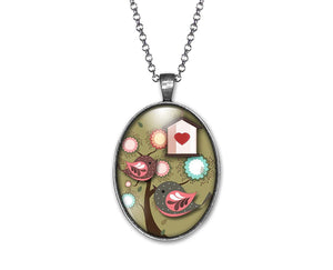 Collier Cabochon Oiseau "oiseaux amoureux", argenté (ref.48a)