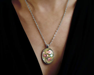 Collier Cabochon Oiseau "oiseaux amoureux", argenté (ref.48a)