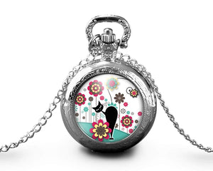 Montre gousset  Chat, Fleur "Le Chat Dans Le Pré"    argenté (ref.30a)