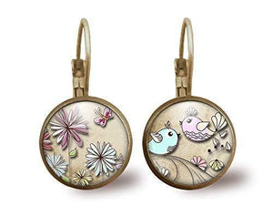 Boucles d'oreilles Cabochon,  boucles d'oreilles illustrées, "Fleurs pastel",    bronze