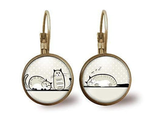 Boucles d'oreilles Cabochon illustrées "Les deux chats", bronze (ref.77)