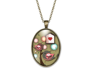 Collier Oiseau Cabochon "oiseaux amoureux"  bronze (ref.48)