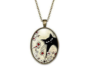 Collier Chat Cabochon, Fleur "Le Chat Paysan" bronze (ref.32)
