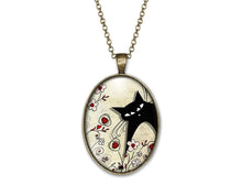 Charger l&#39;image dans la galerie, Collier Chat Cabochon, Fleur &quot;Le Chat Paysan&quot; bronze (ref.32)
