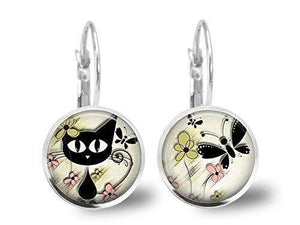 Boucles d'oreilles Cabochon "Le Chat du Printemps", argenté (ref.71a)