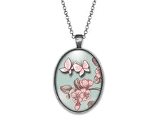 Charger l&#39;image dans la galerie, Collier Cabochon, Papillon &quot;Papillon Rose&quot; argenté  (ref.44a)