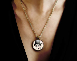 Collier cabochon, collier illustré "Charlie Chaplin", bronze (ref.78)