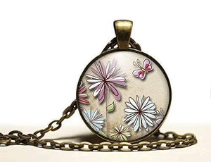 Collier cabochon, collier fille illustré, "fleurs pastel", bronze