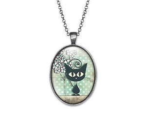 Collier Chat Cabochon "Le Chat Et Les Pois" argenté  (ref.50a)