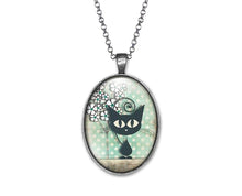 Charger l&#39;image dans la galerie, Collier Chat Cabochon &quot;Le Chat Et Les Pois&quot; argenté  (ref.50a)