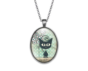 Collier Chat Cabochon "Le Chat Et Les Pois" argenté  (ref.50a)