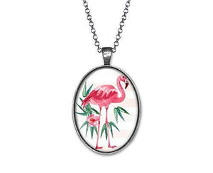 Collier Cabochon "Le flamand rose", argenté (ref.6a)