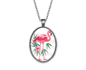 Collier Cabochon "Le flamand rose", argenté (ref.6a)