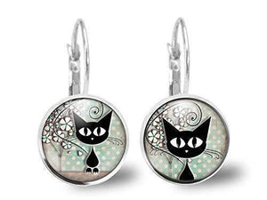 Boucles d'oreilles Chat Cabochon "Le Chat Et Les Pois" argenté  (ref.50a)