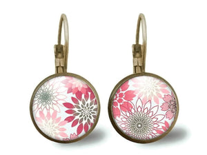 boucles d'oreilles cabochon "Fleurs roses" - femme cadeau de noel - - cadeau d'anniversaire (ref.9)