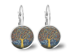 Boucles d'oreilles cabochon, Klimt "l'arbre de la vie", argenté (ref.59a)