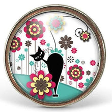 Charger l&#39;image dans la galerie, Bague Cabochon - Chat, Fleur &quot;Le Chat Dans Le Pré&quot;,argenté (ref.30a)