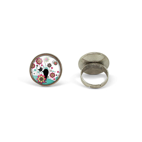 Bague Cabochon - Chat, Fleur 