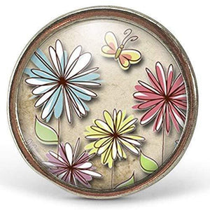 Bague cabochon, Bague illustrée petite fille, "Fleurs pastel", argenté (ref. 85a)