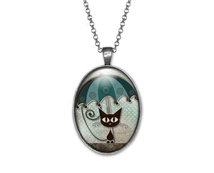 Collier Chat Cabochon "Le Chat Au Parapluie" argenté  (ref.2a)