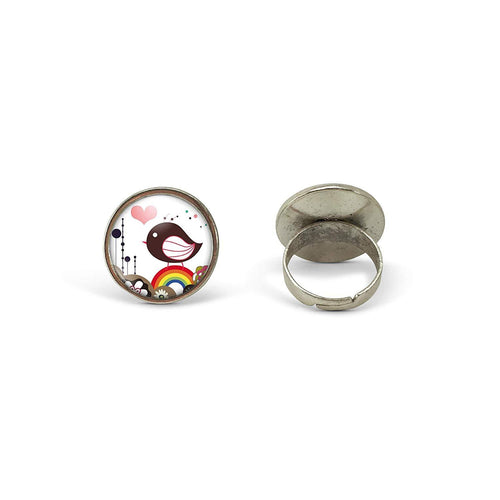 Bague cabochon, bague oiseau illustré, 