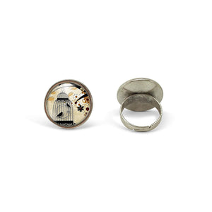 Bague Cabochon - Oiseau, Cage "La Cage à Oiseaux", argenté (ref.39a)