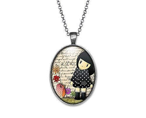 Collier Cabochon, Fille, Oiseau, "La petite fille et l'oiseau" argenté