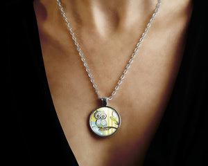 Collier cabochon, collier illustré, hibou "Hibou", argentéé  (ref.79a)
