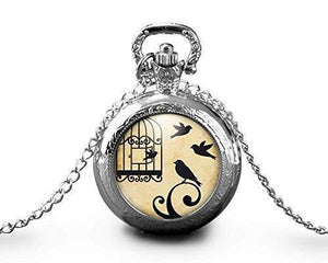 Montre gousset, Oiseau, Cage "ouvre la cage", argenté (ref.42a)