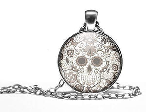 Collier cabochon, collier illustré "tête de mort black and white",  argenté (ref.62a)