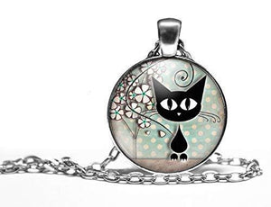 Collier cabochon, collier illustré "Le chat et l'arbre",   argenté (ref.50a)